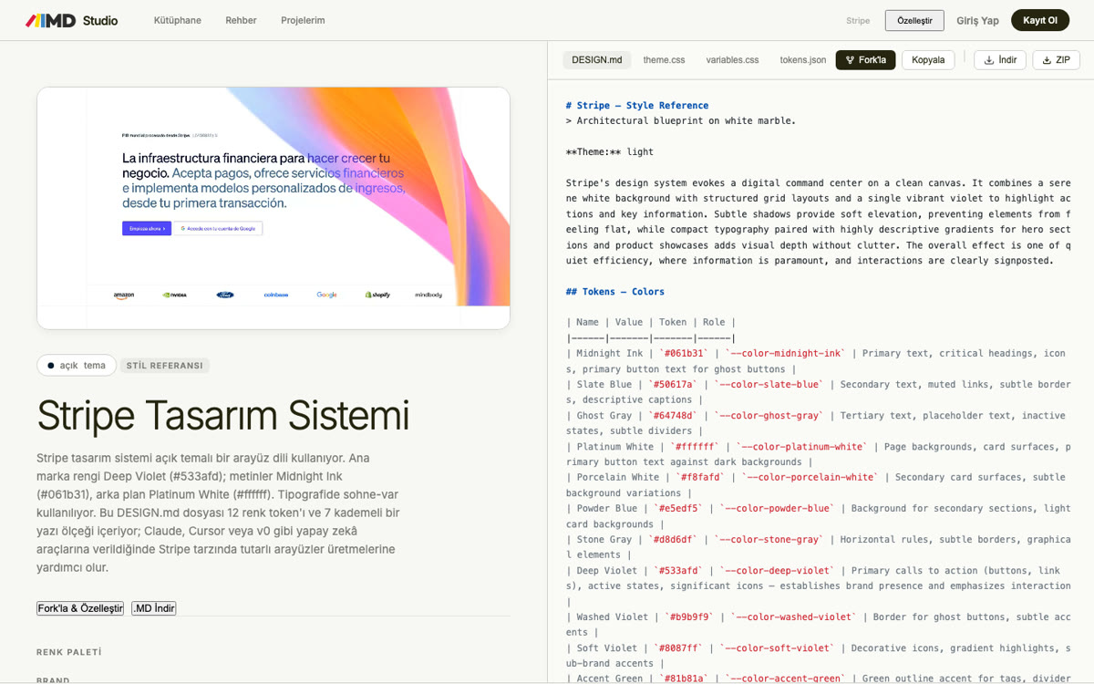 Stripe tasarım sisteminin MakeMyMD'deki sayfası: renk paleti ve DESIGN.md kodu
